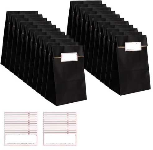 ZRUEWOT 30 sacchetti di carta nera con 30 adesivi, 24 x 12 x 8 cm, sacchetti regalo adatti per dolci, snack, piccoli regali e pane