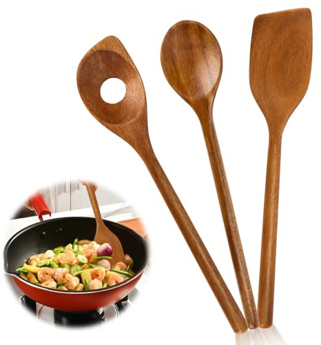 Bohrma 3 Stück Kochlöffel Holz, Kochlöffel Holz Set, Pfannenwender, Risottolöffel & Holzkochlöffel, langlebig & antibakteriell, Küchenhelfer Set Kochutensilien Set für Unterschiedliche Kochbedürfnisse