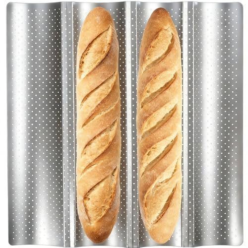 MouCoc Baguette Baking Tray, French Bread Pan for 4 Loaves - Easy-to-Clean Wave Mold (Silve)