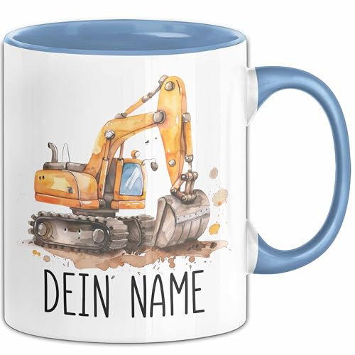 Bagger Tasse mit Namen – Personalisierte Tasse Geburtstag Geschenkidee süßes Baggermotiv Namenstasse (Blau)