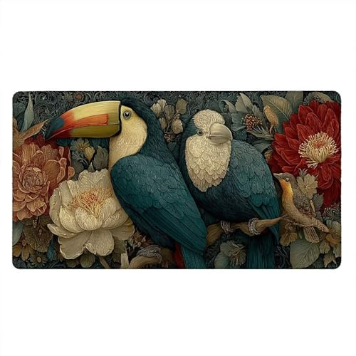Tappetino Mouse Gaming XXL, 1600x800x3mm Grande Tappetino Scrivania Cuciti Base in Gomma, Mouse Pad Impermeabile Antiscivolo, Desktop Migliora Precisione Velocità (Fiore Medicinale Uccello) xR7-725