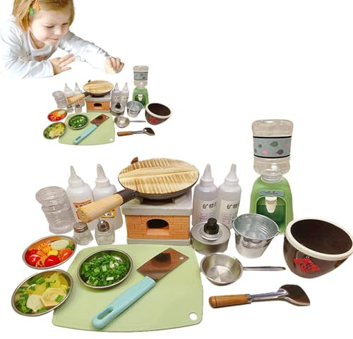 Fierudeng Jeu de cuisine miniature – Jouets éducatifs et ustensiles de cuisine réels pour cuisiner – Marmite à frire, ustensiles de cuisine authentiques avec mini brûleur de poêle | pour