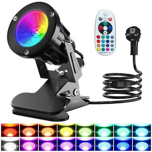 BIZOI LED Spot Klemmstrahler, 6W RGB LED Klemmspot mit Fernbedienung, 15 RGB-Lichter + Warmweiß 3000K, IP65 Wasserfester für Innen und Außen, Klemmlampe Strahler mit 3m Kabel und Stecker