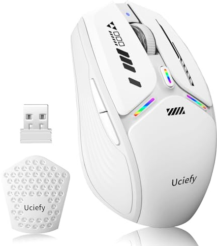 Uciefy V19 Wireless Mouse, USB C Rechargeable Magnetic Cover Mouse - White | LED Light, Battery Indicator, Honeycomb Shell, USB Receiver and Type C Adapter, Side Buttons, Portable, 1600 DPI, Cordless