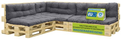 Pillows24 Palettenkissen 8-teiliges Set, Wasserabweisend & UV-fest | Palettenkissen Outdoor & Indoor für Europaletten 120x80, Palettenuflage für Palettensofa, für Garten, Made in EU, Dunkelgrau
