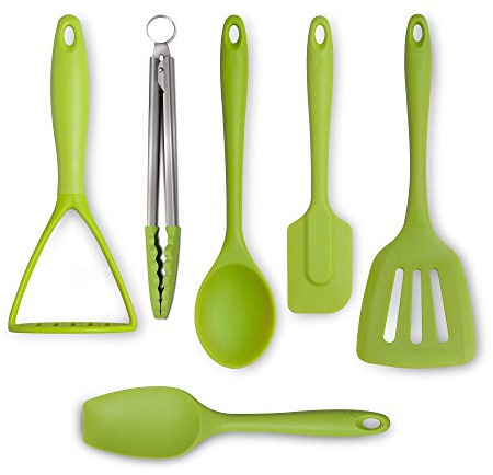 Zeal JSET46L Non-Stick Silicone Turner, Cooking Tongs, Masher, Spatula Spoon & Cooks Spoon 6-Piece Set-Lime