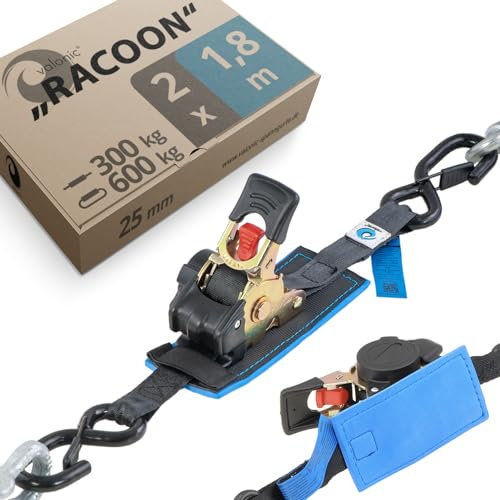 valonic Racoon - 2X 1,8m Sangles d'arrimage à cliquet automatiques avec Crochet, 25mm, 300/600 Kg, rembourrées - Noir, Sangle Automatique de Charge Moto
