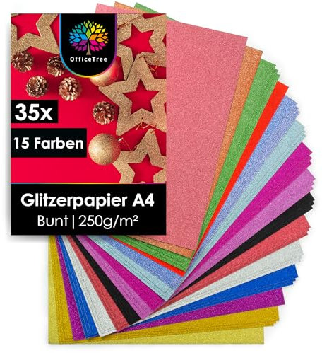 OfficeTree 35 x Glitzerpapier zum Basteln A4-15 Farben 250g/m² - Glitzer Papier A4 Bunt - Glitzer Bastelpapier - Glitzer Karton zum Basteln und Gestalten