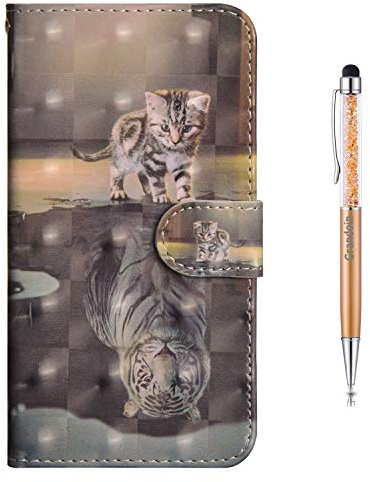 Grandoin Kompatibel mit iPhone 12 Mini Hülle (5,4 Zoll),3D PU Leder Etui Flip Cover Muster Book Case Schutzhülle Handytasche Handyhülle [Ständer Kartenfach] [Magnetverschluss] (Katze und Tiger)