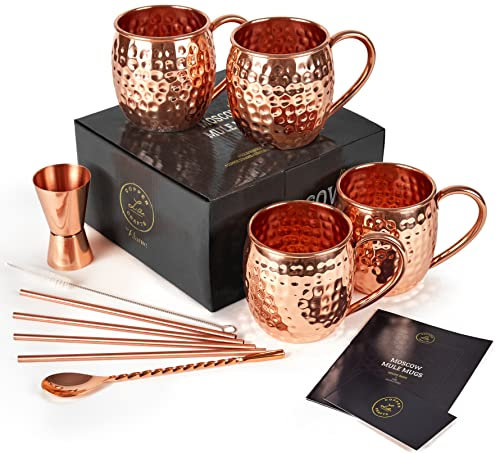 ALARUE Copper Moscow Mule Mugs Set - 4 Handcrafted 16 oz. Copper Mugs with Accessories - Gift Set with Recipe Book