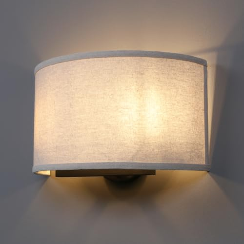 Yosoan 2-Light Linen Fabric Boho Hallway Wall Sconce Indoor Light Fixture, Dual Vintage Industrial Hardwired Half Moon Wall Lighting Semicircle Textile Shade for Bedroom Living Room Corridor Study