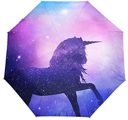 Raum Einhorn Pferd Regenschirm Taschenschirm Automatische Reise Winddichte Sonnenschutz Trekkingschirm Wanderregenschirm für Frauen Männer