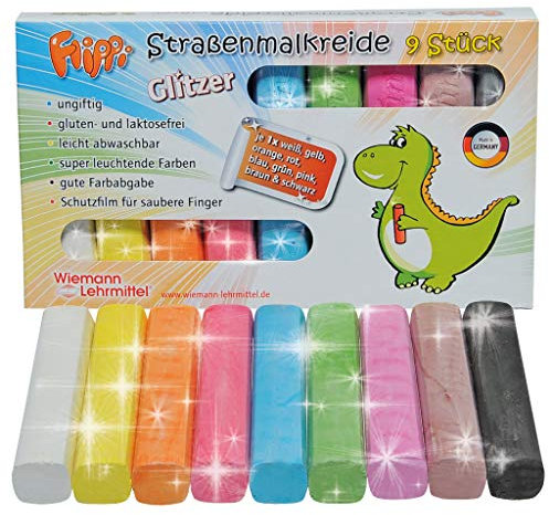 Wiemann Lehrmittel „Flippi“ Straßenmalkreide für Kinder, 9 Farben, 9 Stück (Glitzer)