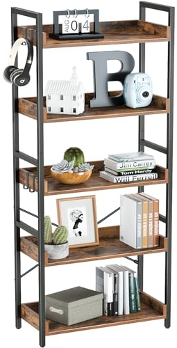 Rolanstar Bookshelf 5 Tier with 4 Hooks, Industrial Wood Bookcase, Vintage Storage Rack with Open Shelves, Rustic Standing Bookshelves Display Rack for Living Room, Bedroom, Rustic Brown