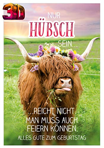 KE - 3D Effekt Glückwunsch-Karte zum Geburtstag, mit Umschlag, DIN B6, besondere Geburtstagskarte, Motiv: Rind