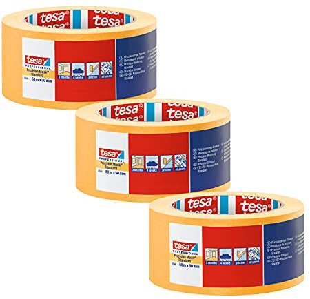 tesa Crêpe de précision 4344 Standard - Pack de 3 - Crêpe de peintre professionnel avec support papier fin - pour masquer et couvrir avec précision - orange - 50 m x 50 mm chaque