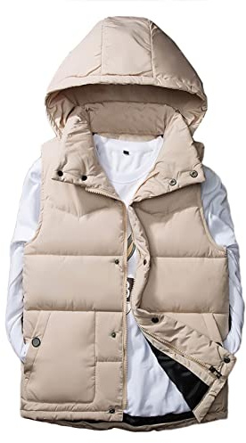 GIBZ Gilet Veste Matelassée Homme sans Manche Hiver Gilet avec Poches Zippé à capuche Contre Froid, Beige, 3XL