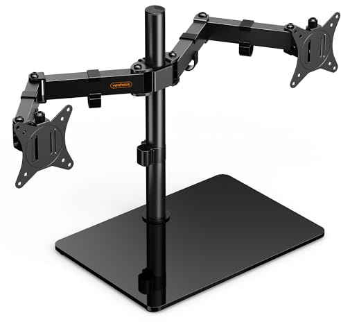 VonHaus Dual Monitor Stand for 13-27 Screens, Twin Monitor Mount with Tempered Glass Base, Height Adjustable, Easy Assemble Stand with Tilt, Rotation & Swivel Arms, VESA: 75x75 & 100x100mm