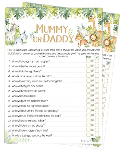 Pink Bee Parties Mummy or Daddy, Safari Theme Baby Shower Game - 20 Players
