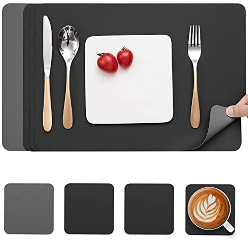 Myir JUN Tischsets Abwaschbar und Untersetzer, Platzset Leder Platzdeckchen Abwaschbar Doppelseitigen Tischsets Umkehrbares Tischset rutschfest Tischset Lederoptik (Grau Schwarz, Satz von 4)
