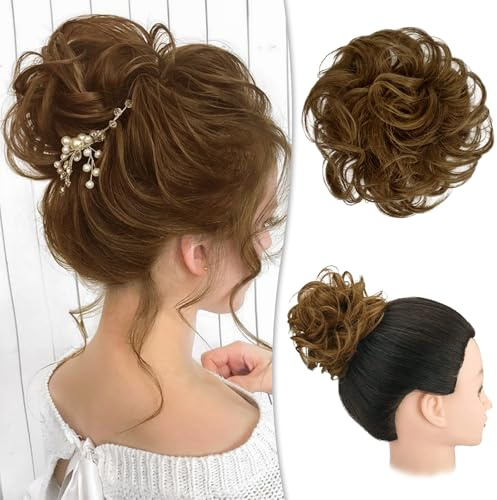 RUWISS Unordentlicher Haarteil 100% Echthaar Rose Dutt für Frauen Echthaar Scrunchies Hochsteckfrisur Haarteile Gelockt Bun Verlängerung（Hellbraun）