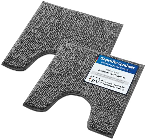 WohnDirect Set di tappetini da bagno 2 pezzi - Grigio 45 x 45 cm CON ritaglio per WC - antiscivolo e lavabile - Tappetino da bagno, tappeto da bagno, tappetino per WC