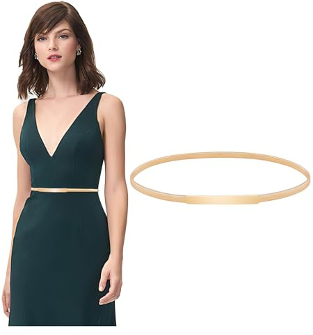 JASGOOD Schmaler elastischer Taillengürtel für Damen, dünn, goldfarben, Metall, Stretch, Kettengürtel für Kleider mit Interlock-Schnalle, D-Gold, S:Fit Waist Size 26-29