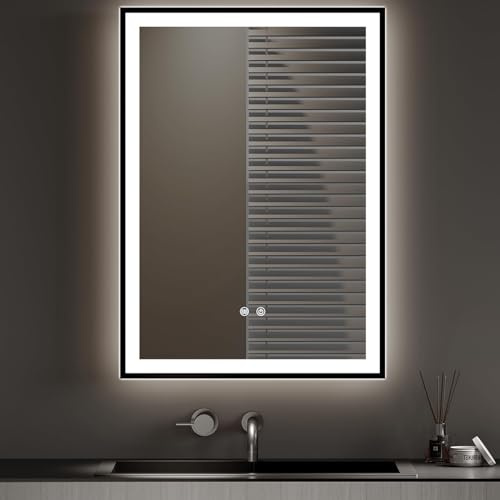 Warmiehomy Bathroom Mirror with LED Lights,Rectangle 500x700mm Illuminated LED Bathroom Mirror with 3 Colour Dimmable Lights Demister Pad Touch Control,Black Frame
