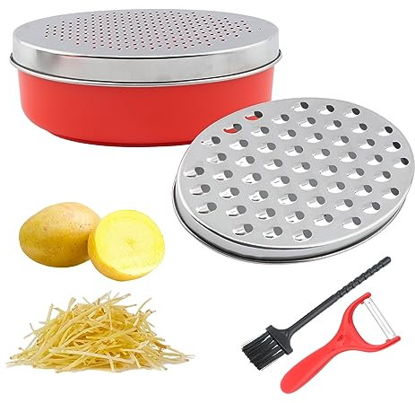 Râpe à fromage avec récipient et brosse de nettoyage et éplucheur, râpe à fromage, zesteur de citron, râpe à ail, râpe pour cuisine hachoir manuel et éplucheur (rouge + argent)