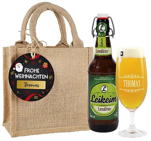 Herz & Heim® Männergeschenk Bierglas mit Gravur und Landbier in Geschenktasche aus Jute Frohe Weihnachten