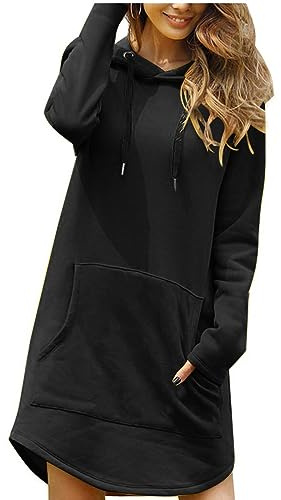 Onsoyours Vestito Felpe con Cappuccio da Donna Hoodie Abito Casual Sportivo Lungo Pullover Maniche Lunghe Sweatshirt Vestiti Autunno Inverno Tinta Unita Maglione con Tasche A Nero L