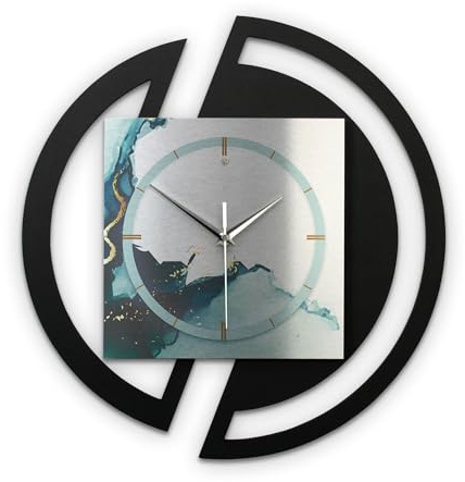 Kreative Feder Runde 3D Designer-Wanduhr Turquoise in modernem Metallic-Look Silber-schwarz ohne Tickgeräusche (Turquoise, leises Quarzuhrwerk)
