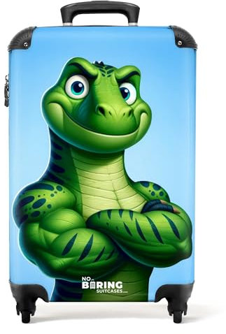 NoBoringSuitcases.com Kinderkoffer, Kinderkoffer Jungen, Koffer Kinder, Kinder Reisekoffer, Koffer Kinder Jungen, Kindertrolley Jungen, Handgepäck Koffer, Handgepäck 55x40x20 cm (Grüner Dino - Blau)
