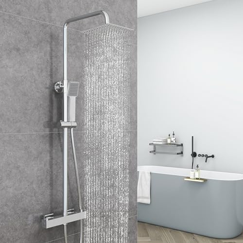 AICA Ensemble de Colonne de Douche Thermostatique pour Salle de Bain, Robinet de Douche Thermostatique, Laiton, Chromé, hauteur de barre de douche réglable 715 mm-1205 mm (Carré 1, argent)