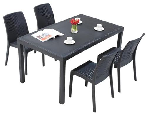 Tomaino - Set Tavolo e Sedie Da Giardino in Plastica 4 posti, Per Esterno, Balcone, Set da Pranzo - Impilabili Effetto Rattan (Nero)
