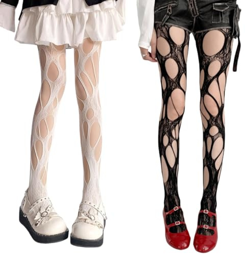 AKAMAS Sexy Fischnetz Strumpfhosen Schwarz Damen Muster Netzstrumpfhose Aushöhlen Gemusterte weiße Spitzenstrumpfhose Lace Tights Netzstrümpfe A