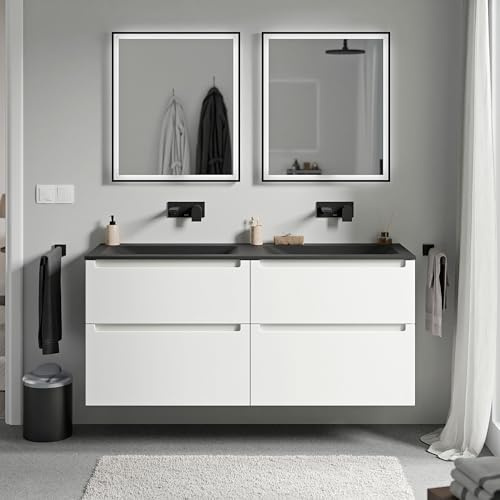 BERNSTEIN Badmöbel-Set Vireo, Waschtisch-Unterschrank mit Mineralguss-Waschbecken 120cm in Weiß matt - Cream - Schwarz matt ohne Hahnloch - 2 Schubladen, Badmöbel, 5 Jahre Garantie