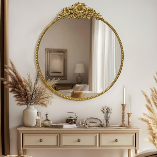 G-LEAF Wandspiegel Rund Gold 60cm – Barock Spiegel mit Blumen-Ornamenten & Perlenrand – Vintage Dekospiegel für Flur, Badezimmer & Wohnzimmer – Antik-Stil Wanddeko Rund (24 Zoll)
