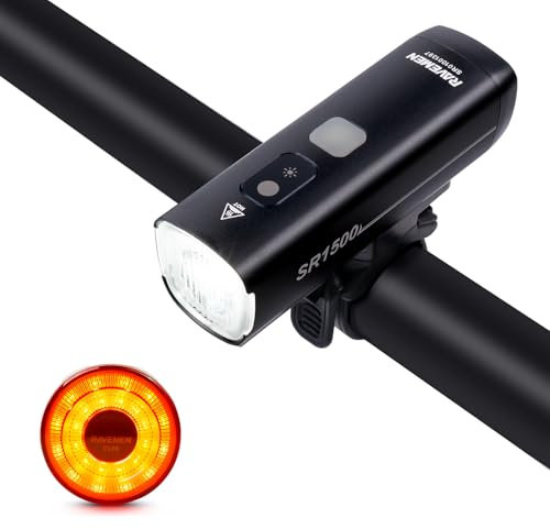 RAVEMEN SR1500 Bike Lights Set Front and Back,1500 Lumen Headlight and Smart Taillight Combinations USB C rechargeable for Road Mountain and Urban Cycling