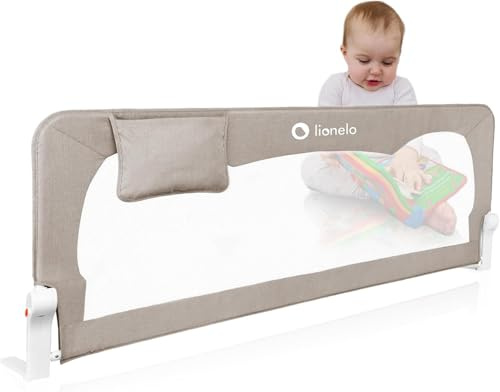 LIONELO Hanna Bettschutzgitter für Kleinkinder 150 x 66 cm | Extra hohe Netz-Barriere, 180° klappbares Design, Sicherheitsgurte, Sicherheitsschloss und Aufbewahrungstasche