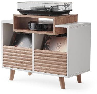 NorStone Plattenspieler OSLO 800 – Vinyl-Schrank – Hifi-Elektronik – 2 Schubladen – Weiß / Eiche hell – 80 x 64 x 40 cm