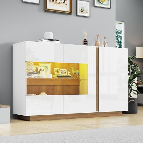 Jaxenor Skänk vit högglans vardagsrum med 3 dörrar och härdat glas, intelligent RGB LED-system, hallskåp skänk, hall för sovrum, kontor, hall, matsal, vit