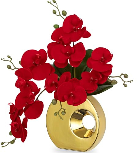 Kunstpflanze Orchideen mit Keramik Donut Vase Künstliche Blume Phalaenopsis Kunstblumen Wie Echt Mit Real-Touch Blüten im Keramiktopf für Tischdekoration Wohnkultur Büro Hochzeitsfeier Dekoration