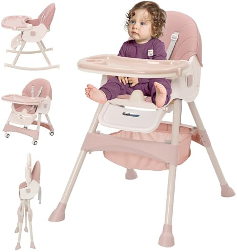 Baby High Chair 5 in 1 Highchair Adjustable Height 3 Level Height Positions Convertible High-Chair Portable Foldable Baby Dining Chairs with Removable Tray Pink