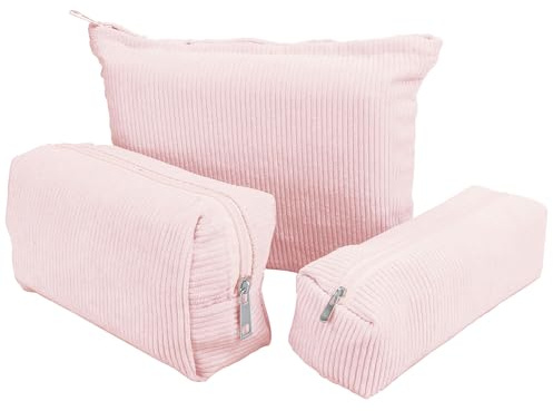 3er Rosa Kosmetiktasche Cord Make up Tasche Cord Damen Kosmetiktasche Set | 3 Größen Kosmetikkoffer Damen Kord Schminktasche Kosmetikbeutel Kord Beauty Bag Travel mit Metall Reißverschluss