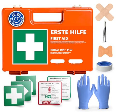 Erste Hilfe Koffer - DIN 13157:2021 nach aktueller Norm - Kasten inkl. Wandhalterung, Aufkleber - Erste Hilfe Verbandskasten geprüft