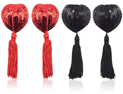 BOBOZHONG Sexy Cache-Tétons en Forme de Cœur avec Glands,2 Paires Cache-tétons réutilisables Cache Tetons Femme Sexy pour Jeux de Rôle, Déguisements et Fêtes