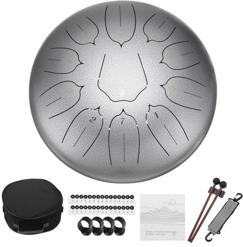 QUARKZMAN Acciaio Linguetta Tamburo 12 11 Note Acciaio Mani Tamburi con Borsa Tamburo Mazze Libro Musica Senza Preoccupazioni Tamburo per Yoga Meditazione Campeggio (Argento)