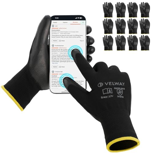 Velway Guanti da Lavoro Touchscreen 12 Paia - Resistenti all'Abrasione Rivestimento in PU Guanti Multiuso per Donna Uomo Giardinaggio Meccanica Montaggio Magazzino Bricolage - Nero Taglia 8/M