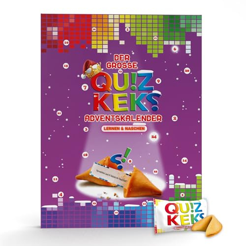 Quizkeks Calendario de Adviento Merry Quizmas – Calendario de Navidad XXL con 24 galletas de la fortuna para aprender y comer bocadillos | Prueba de conocimiento para niños y adultos | Regalo